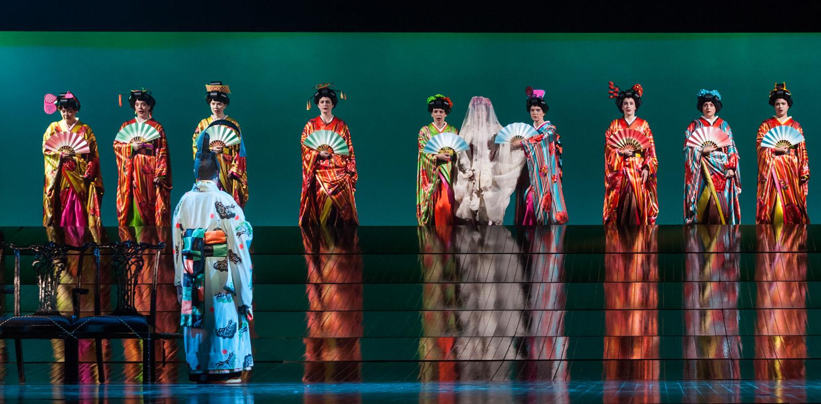 A row of women wearing Kimonos in ENO's Madam Butterfly