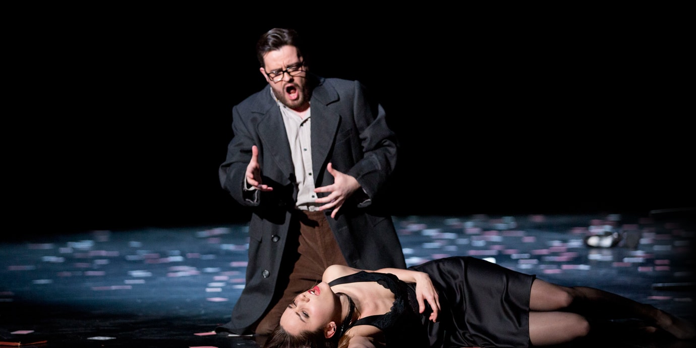 ENO's La traviata - Elizabeth Zharoff as Violetta, Ben Johnson as Alfredo. Photo by Donald Cooper.
