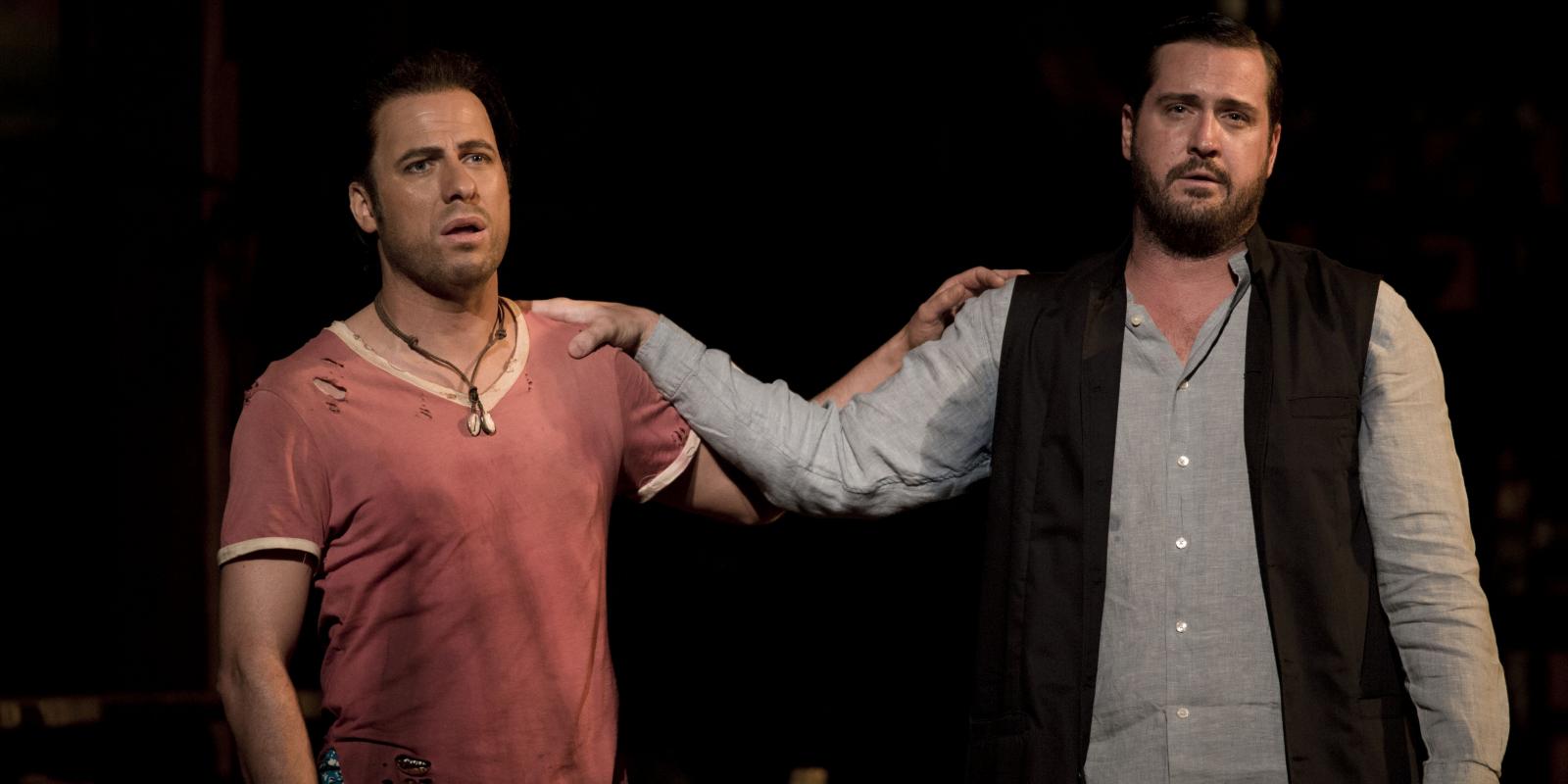John Tessier and George von Bergen holding each other's shoulders in ENO's The Pearl Fisher