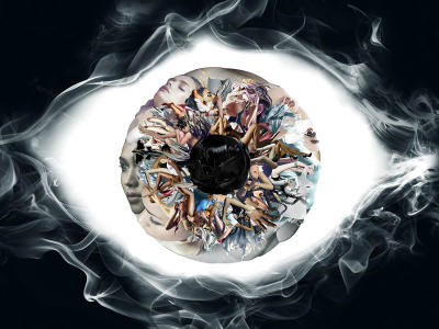 a close of of an eye with people inside the pupil