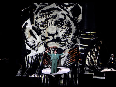 david soar performing on stage in front of tiger graphic