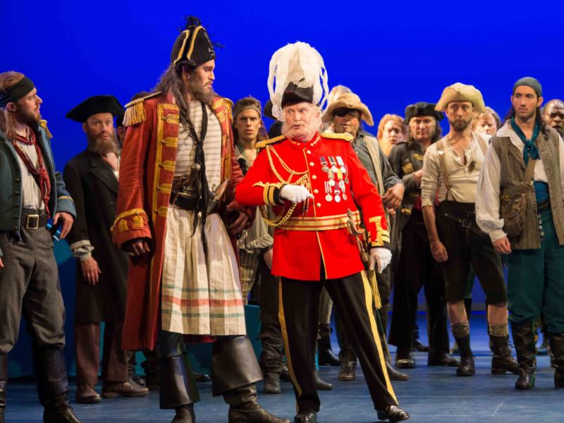 ENO's The Pirates of Penzance - Ashley Riches as The Pirate King and Andrew Shore as the Major-General. Photo by Tom Bowles