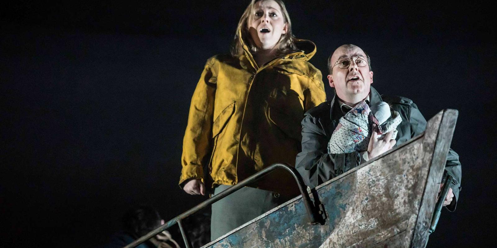 man and woman in a boat in ENO's The Winter's Tale