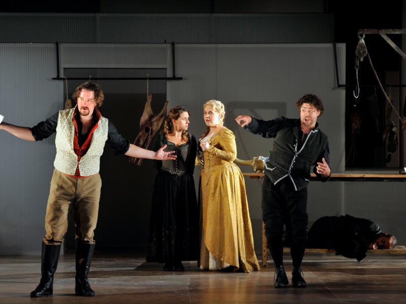 An image of Benedict Nelson, Mary Bevan, Sarah Jane Brandon and David Stout in Fiona Shaw's 2014 production of The Marriage of Figaro