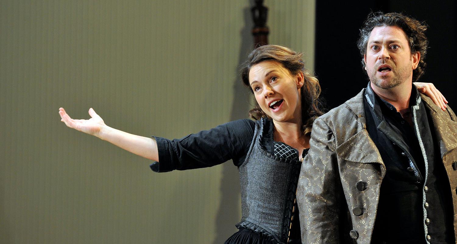 An image of Mary Bevan and David Stout in Fiona Shaw's 2014 production of The Marriage of Figaro