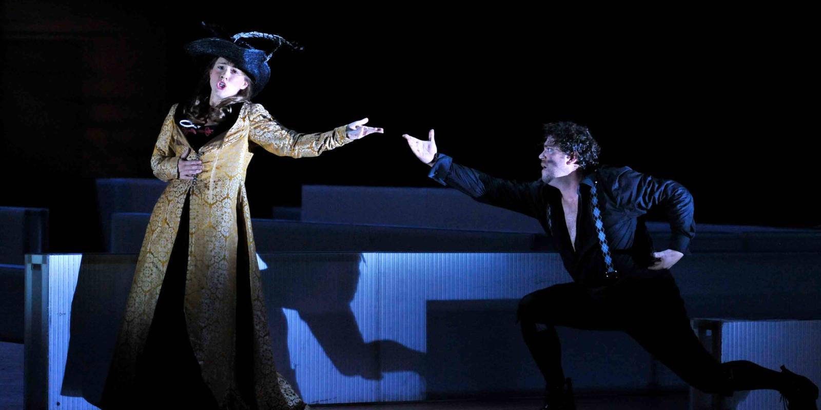 An image of Mary Bevan and David Stout in Fiona Shaw's 2014 production of The Marriage of Figaro