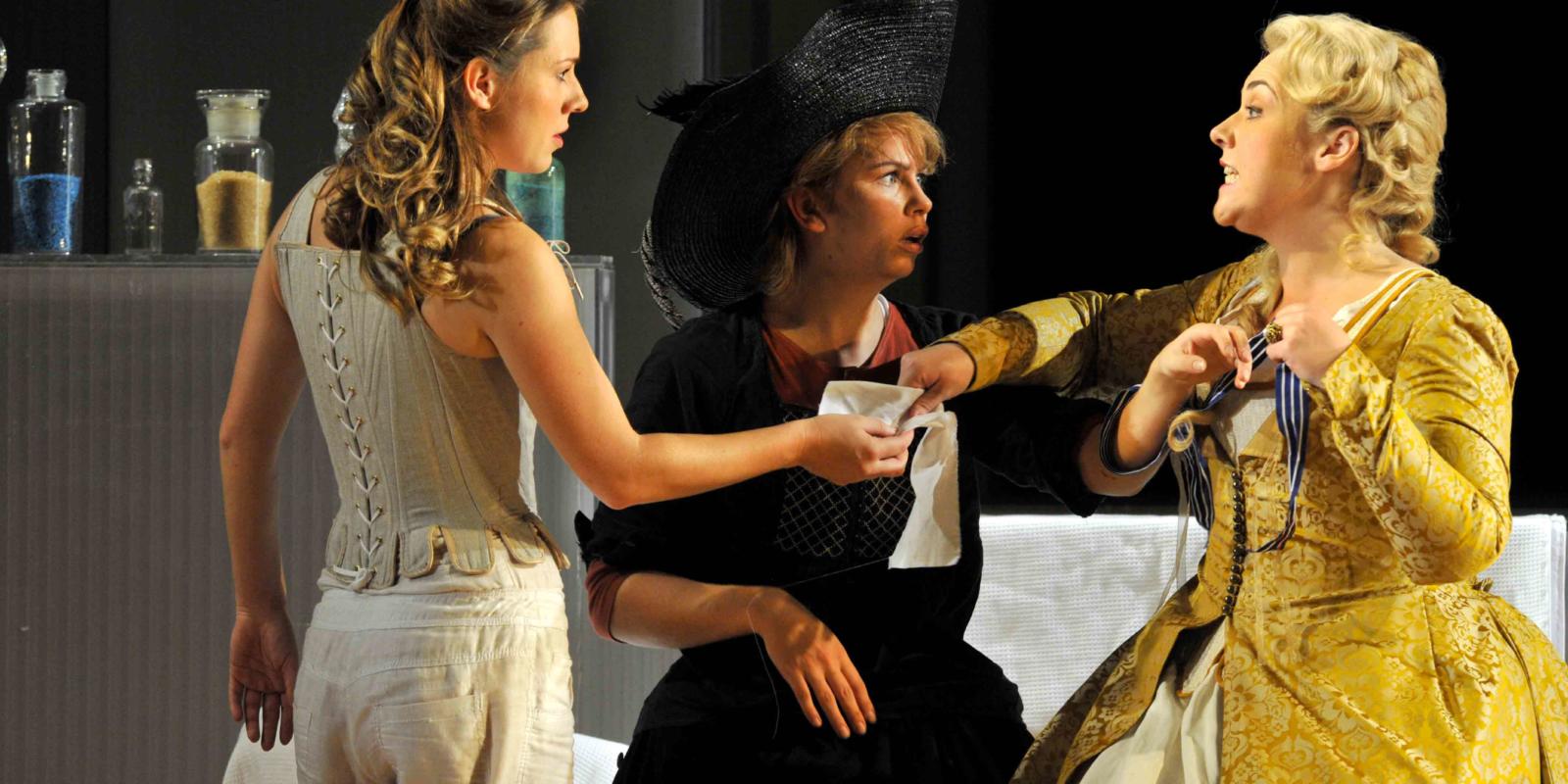 An image of Mary Bevan, Samantha Price, Sarah Jane Brandon in Fiona Shaw's 2014 production of The Marriage of Figaro