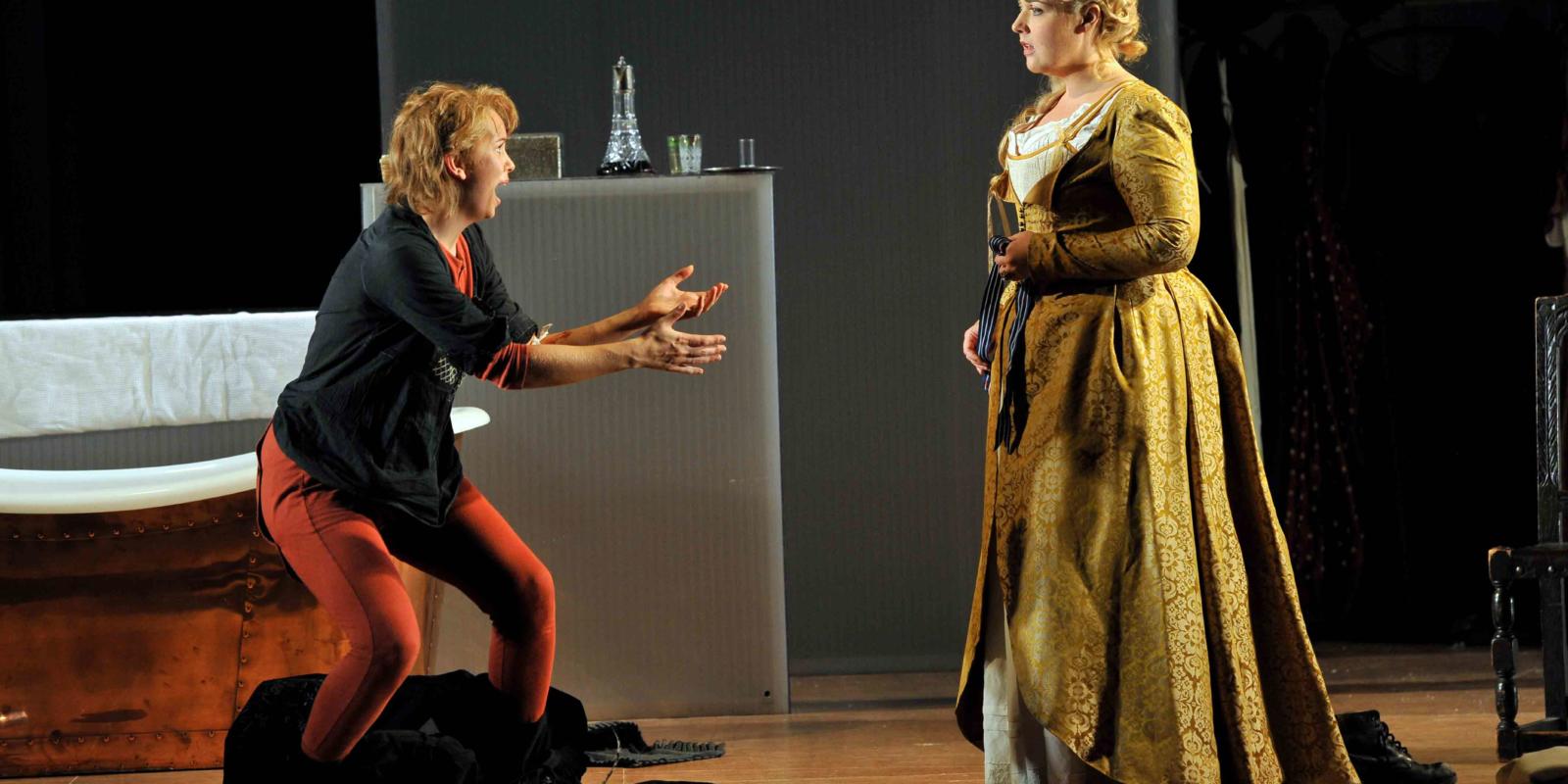 An image of Samantha Price and Sarah Jane Brandon in Fiona Shaw's 2014 production of The Marriage of Figaro