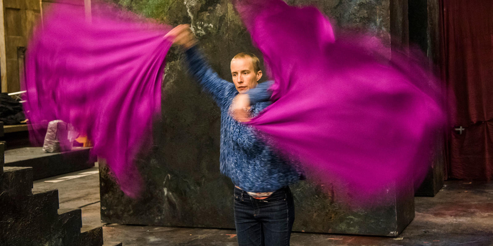 Movement Director Lina Johansson tests out some silk props (c) Tristram Kenton