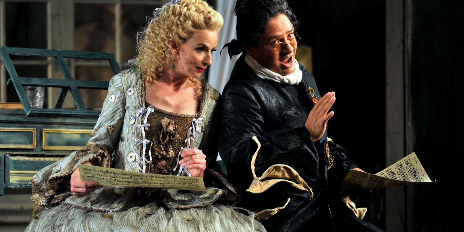 ENO The Barber of Seville: Sarah Tynan and Eleazar Rodriguez in character on stage (c) Robbie Jack