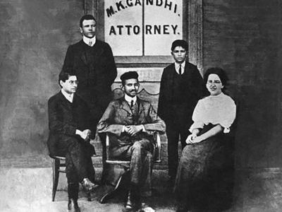 Gandhi and his colleagues at his law office in Johannesburg, South Africa in 1905