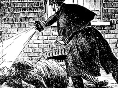 Jack the ripper sketch showing a police officer examining a body
