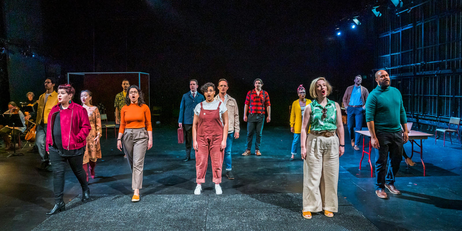Eyra Norman as Belinda (central) with the Chorus in Dido at the Unicorn Theatre. Photo Tristram Kenton