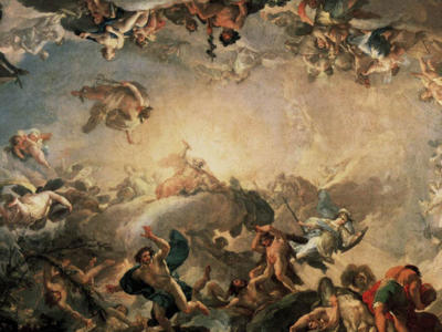 Mythological ceiling painting of the battle between Gods at Olympus