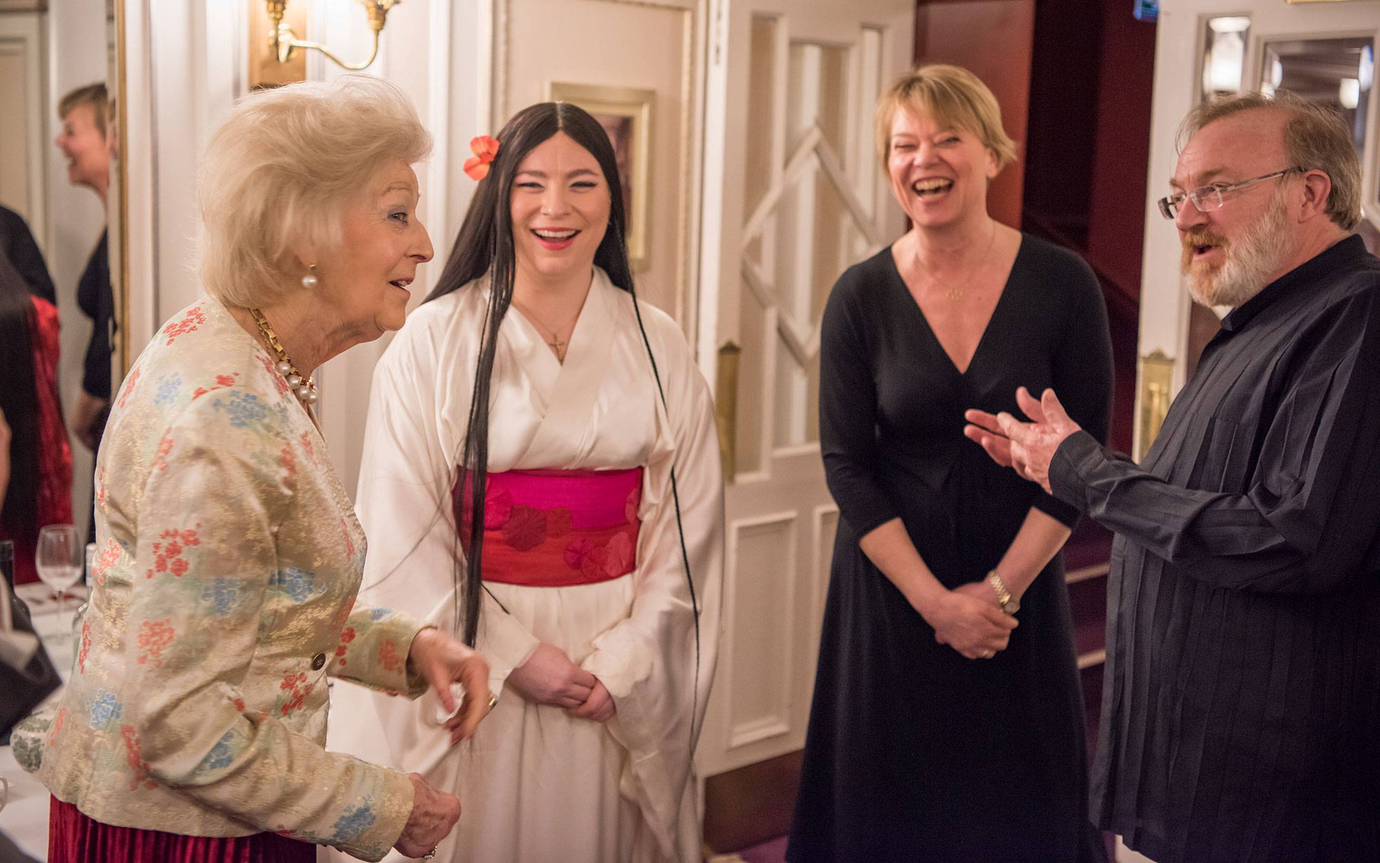 Princess Alexandra with Soprano Natalya Romaniw following her performance in the title role of Madam Butterfly, ENO Company Manager Nicole Richardson and Music Director Martyn Brabbins, who conducted this production © Genevieve Girling