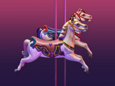Così Fan Tutte | ENO 2022 Season | Two merry-go-round horses against a purple background