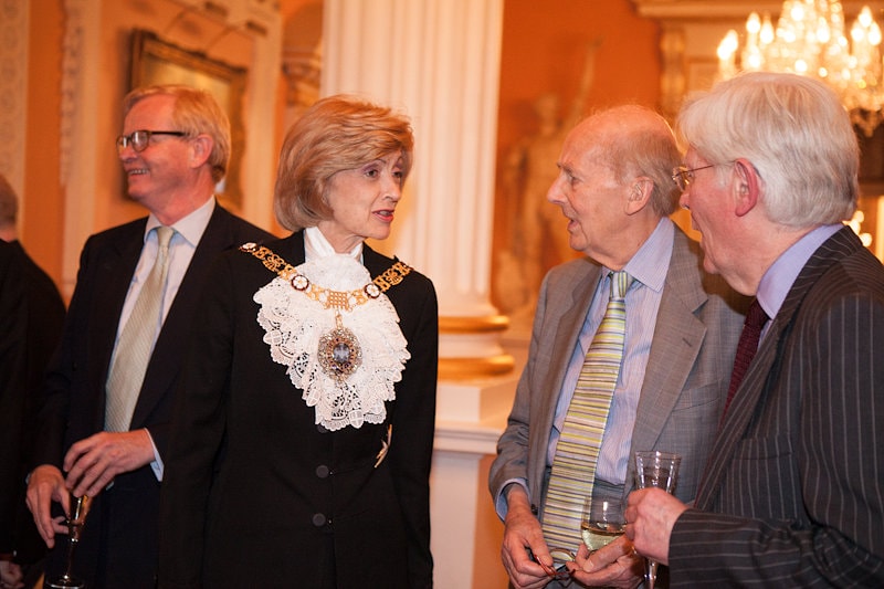 Dame Fiona Woolf, Lord Major of London (2013-14), in conversation with Sir Nicolas Goodison (President of the FHS) at the societies 50th Anniversary Reception at Mansion House, 5th June 2014.