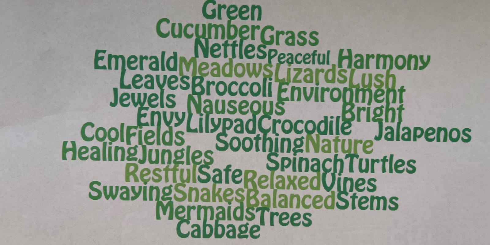 Image of a class word cloud for the colour 'emerald green'