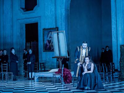 ENO2223 Tosca: Noel Bouley as Scarpia, Sinéad Campbell-Wallace as Tosca © Genevieve Girling