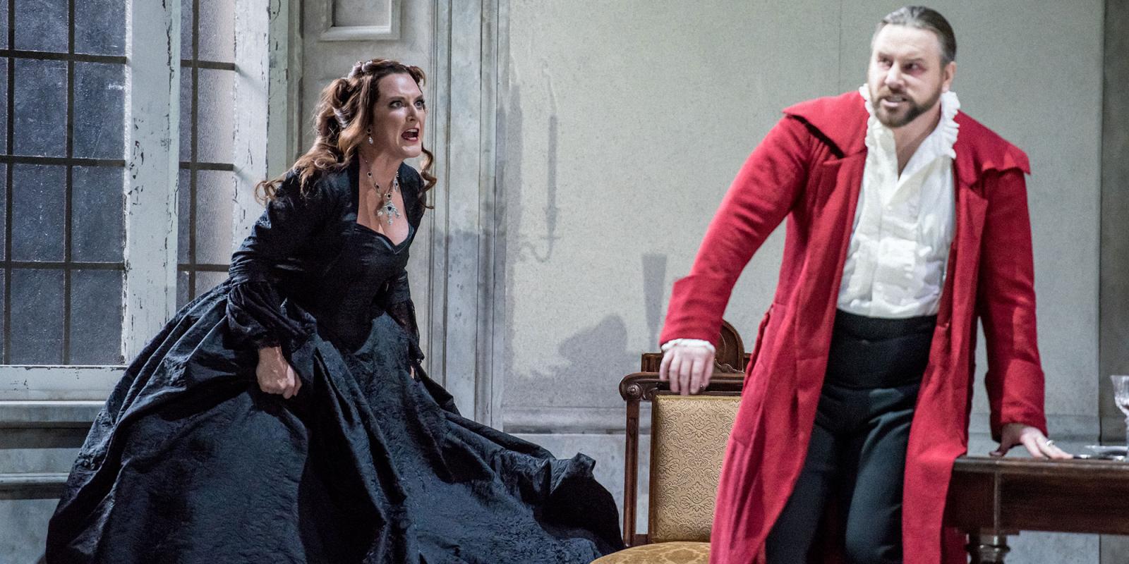 ENO2223 Tosca: Sinéad Campbell-Wallace as Tosca, Noel Bouley as Scarpia © Genevieve Girling