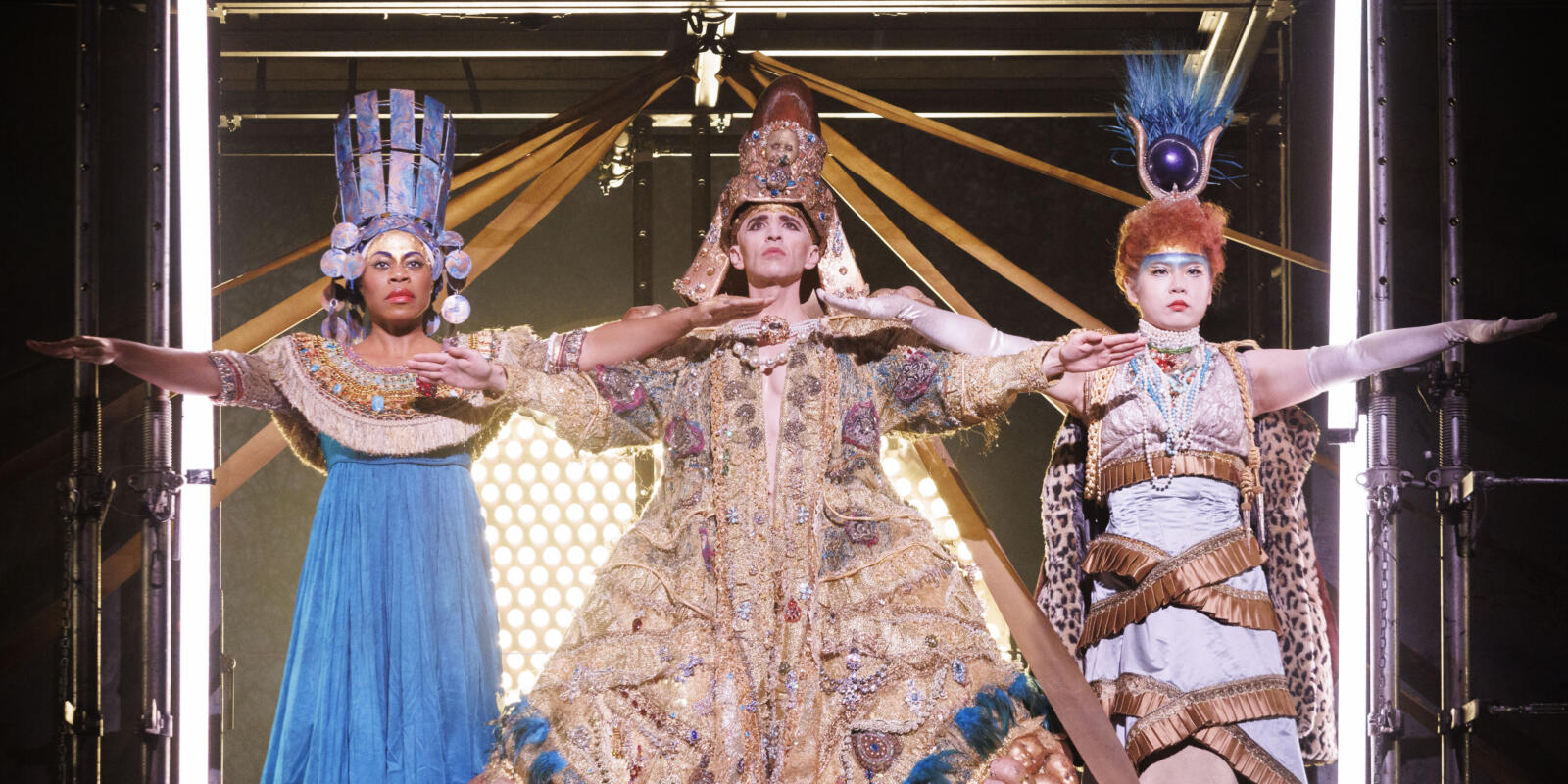 ‘Akhnaten’, opera by Philip Glass produced by Phelim McDermott, returns to the English National Opera (ENO) at the London Coliseum. Pictured: Nefertiti played by Chrystal E. Williams (L), Akhnaten played by Anthony Roth Costanzo (C), Queen Tye played by Haegee Lee (R). Image shot on 9th March 2023. © Belinda Jiao jiao.bilin@gmail.com 07598931257 https://www.belindajiao.com/about