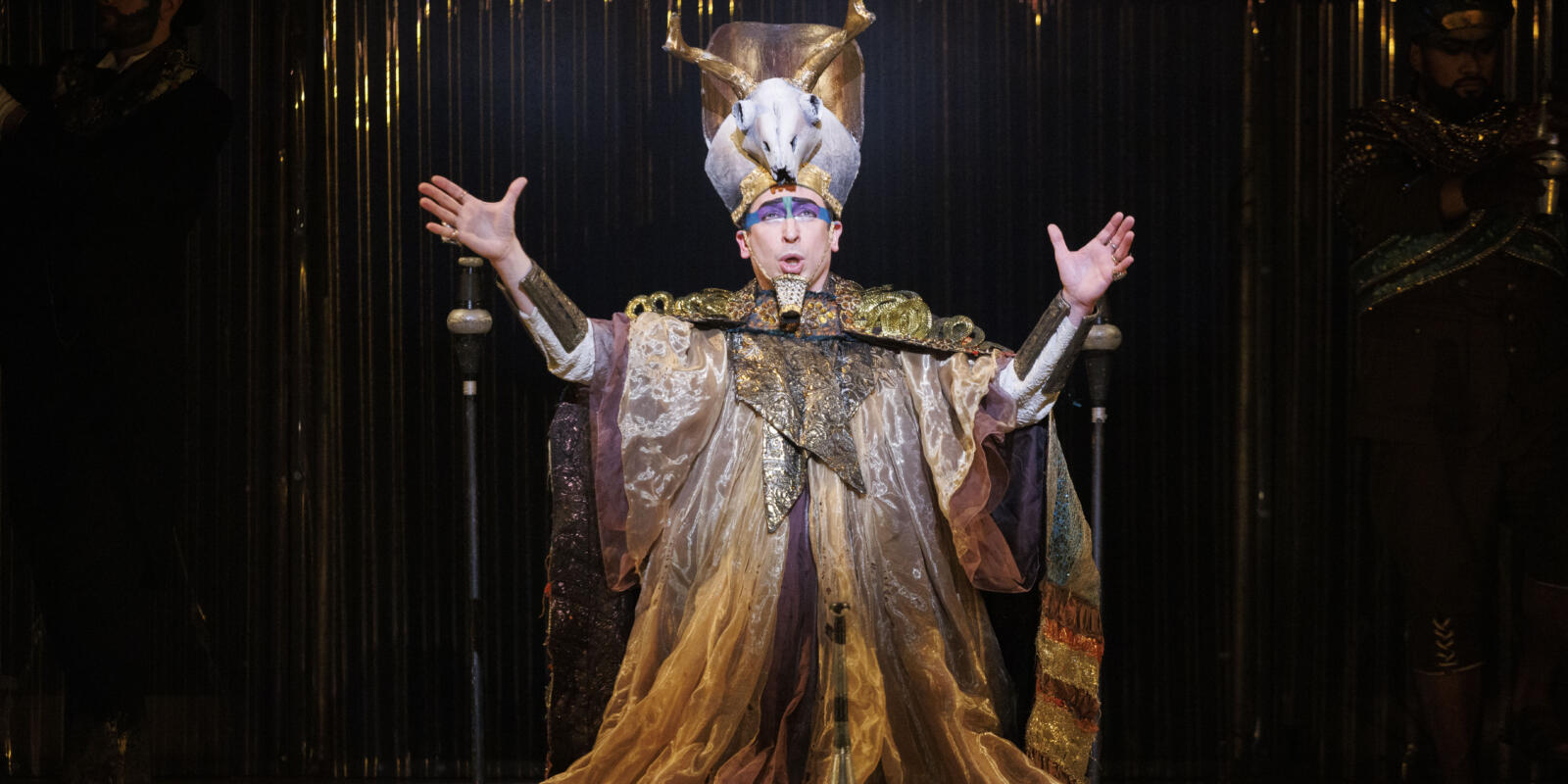 ‘Akhnaten’, opera by Philip Glass produced by Phelim McDermott, returns to the English National Opera (ENO) at the London Coliseum. Pictured: High Priest of Amon played by Paul Curievici Image shot on 9th March 2023. © Belinda Jiao