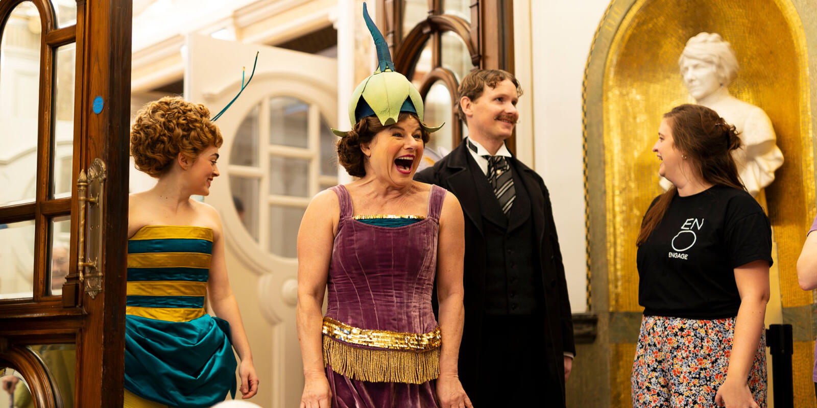Ellie Neate, Petra Massey, Ruairi Bowen, arriving in the London Coliseum Foyer (Front of House) after a Relaxed performance of ENO's Iolanthe---Wednesday 25 October 2023 © Lloyd Winters
